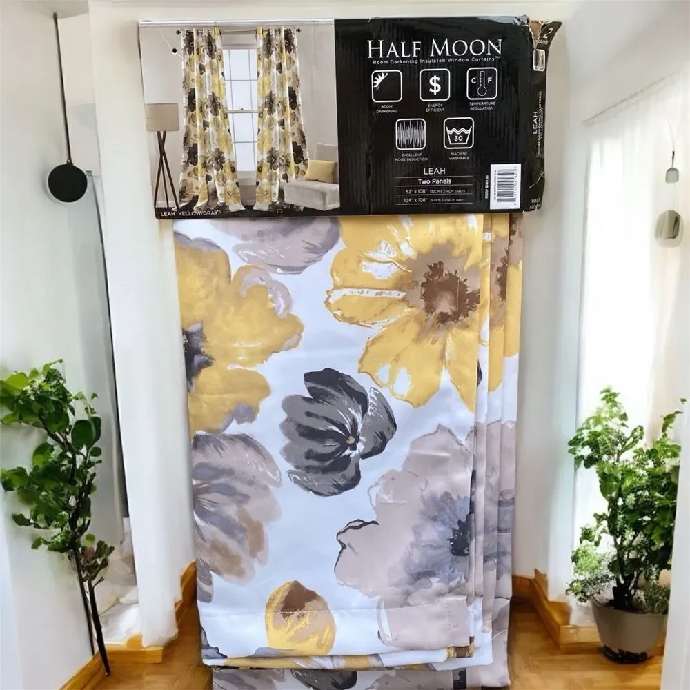NWT New Half Moon Leah Yellow/White/Grey Floral Curtain Panels 52